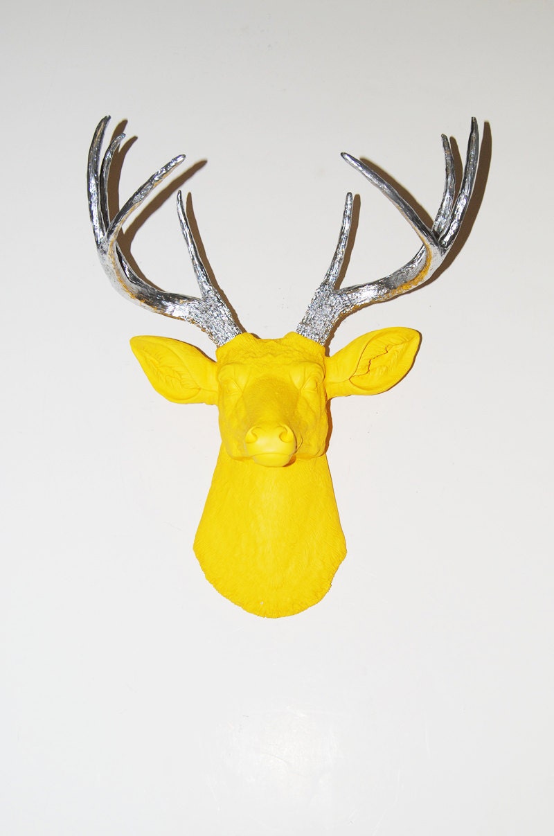 Faux Deer Head - The Sven - Yellow w/Chrome Antlers Resin Deer Head- Stag Resin White Faux Taxidermy- Chic & Trendy
