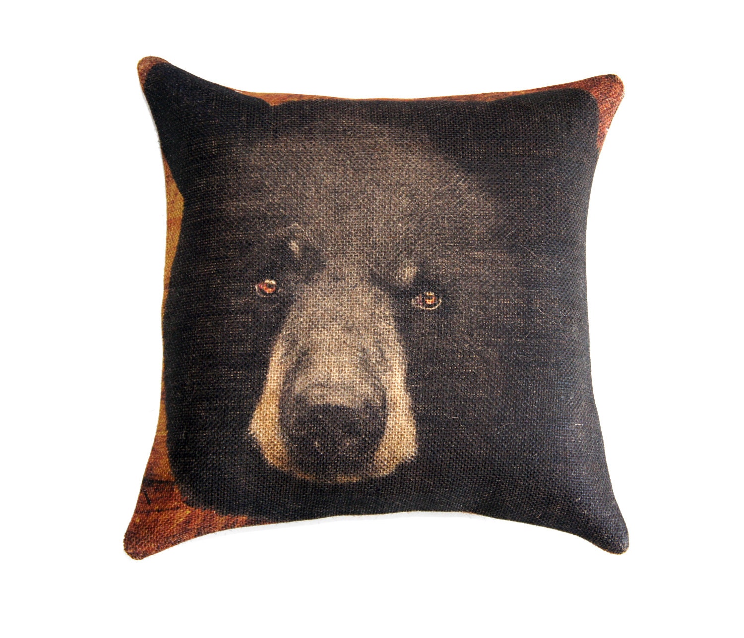 Burlap Pillow Cover of Black Bear, Throw Pillow, Cushion Cover, Rustic Furniture 16x16 Cabin Lodge Mountain