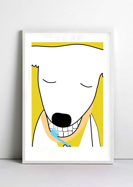SMALL Cute DOG -brush teeth- dog art print- dog illustration-dog art print by nicemiceforyou
