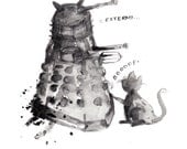 Dalek and Cat, 8.5x11 inch inkjet print / Doctor Who art