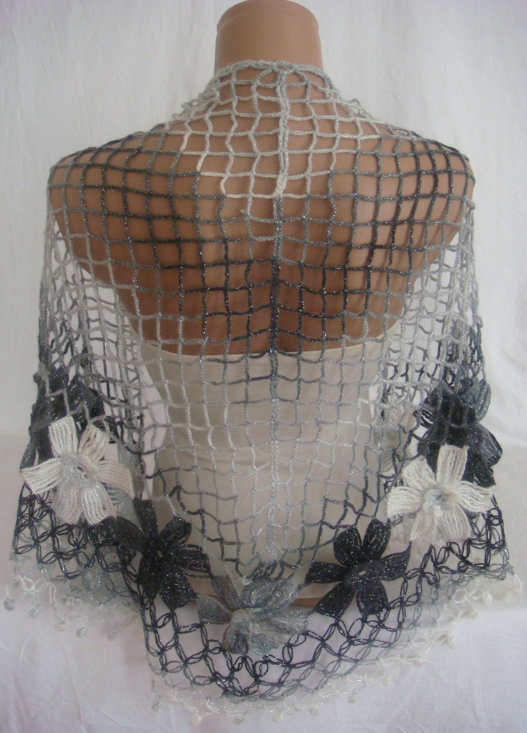 Crocheted gray, white, silver triangle Shawl, Scarf, Christmas,Gift by Arzu's Style