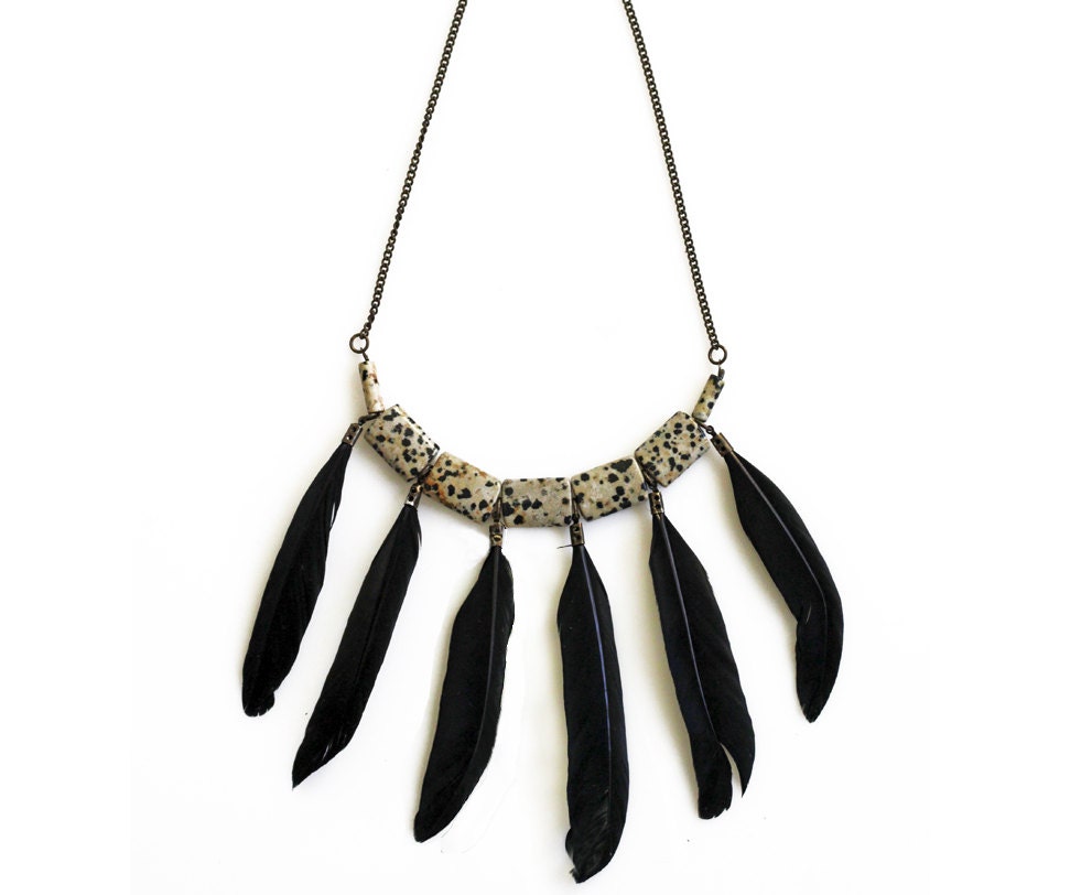 ON SALE Black goose feathers ,dalmatian jasper rectangl beads,boho necklace