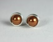 Copper Pearl Stud Earrings Wire Wrapped Jewelry Handmade Sterling Silver Jewelry Handmade Swarovski Pearl Stud Earrings Copper Pearl Earring