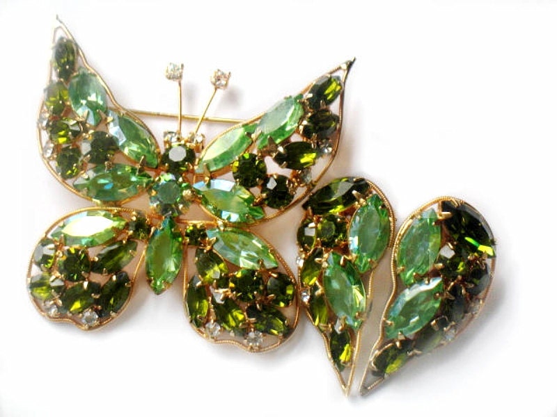 Vintage LAROCO Rhinestone Butterfly Brooch and Earrings Set Green Pin High Fashion Signed Demi Parure Collectable Jewelry