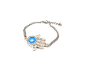 Hamsa Hand with Turquoise Blue Evil Eye Bracelet.Clear Crystal Rhinestone Hamsa Hand Bracelet