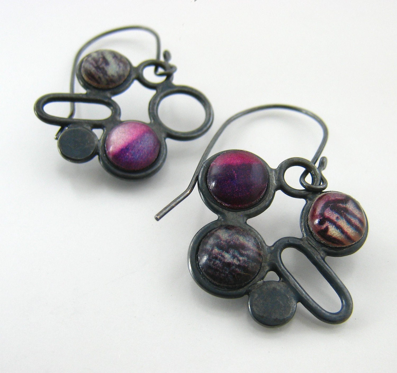 Blackened silver and purple dangle earrings, Unique Handmade Silver Jewlery, Art silver jewelry, Polymer clay jewelry