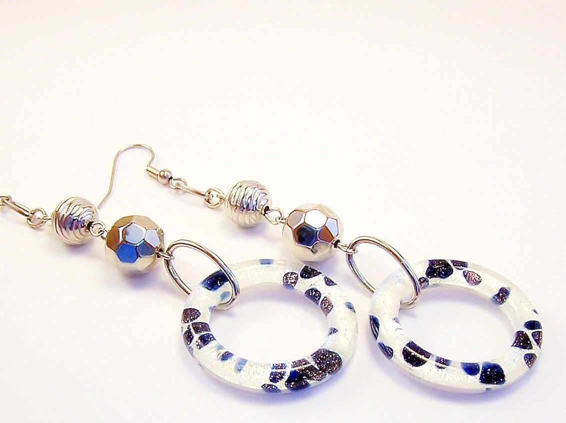 Blue and white glass hoops earrings womens jewelry boho modern long dangle pierced silver fun funky young denim tagt tenx
