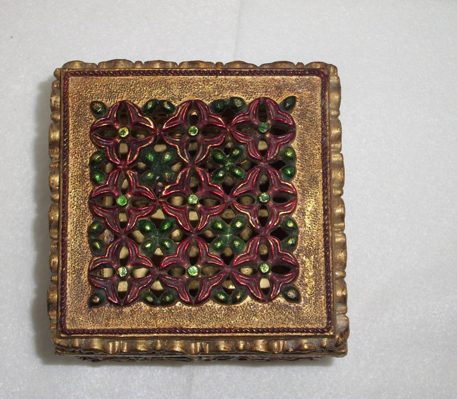 Vintage Decorative Christmas Trinket Box/ Gold/ Green/ Red Holiday Home Decor