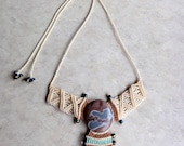 Macrame Necklace - beige and brown with Sonoran Dendritic stone and metalized glass beads