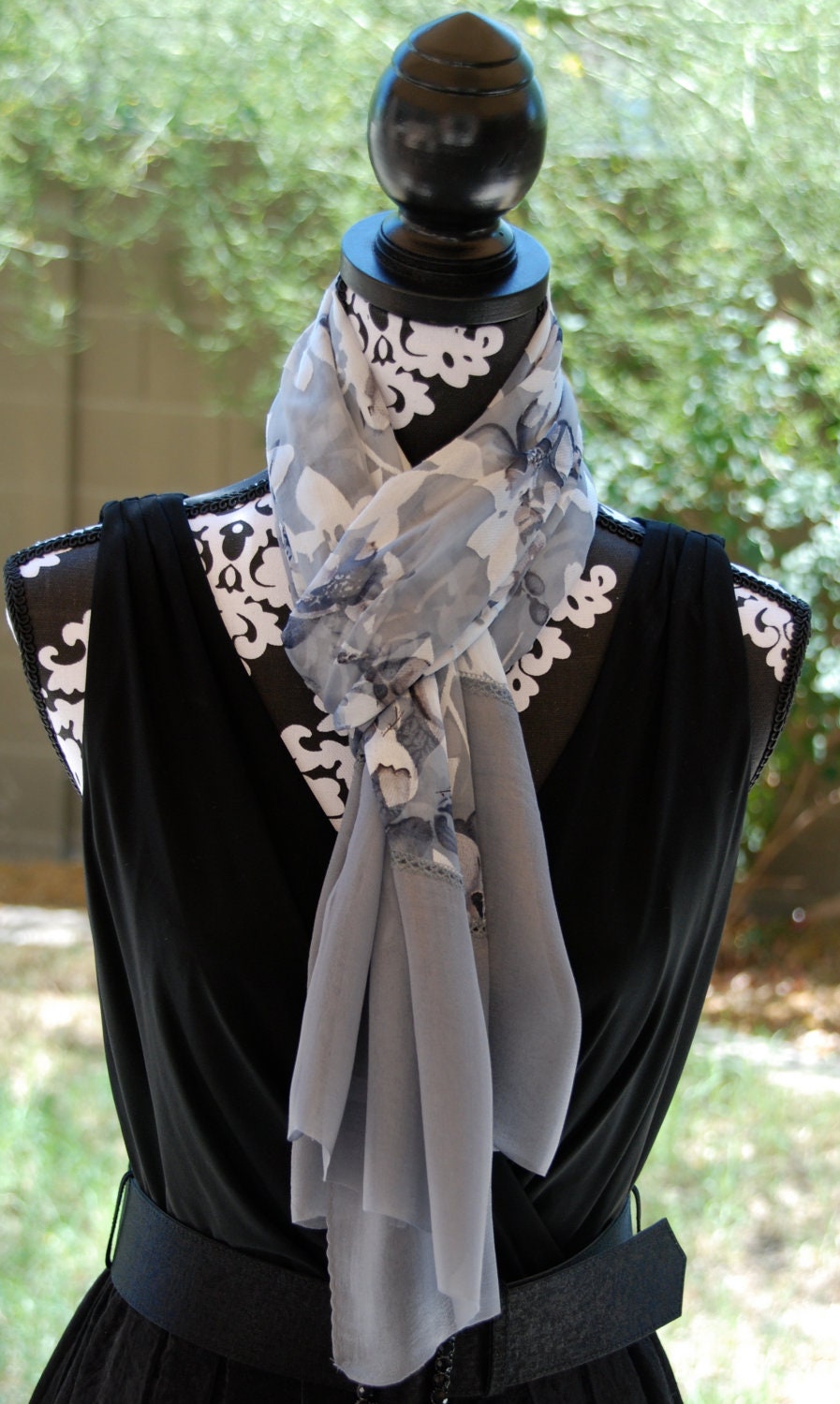 Rose scarf in Grey gray white and black silk scarf