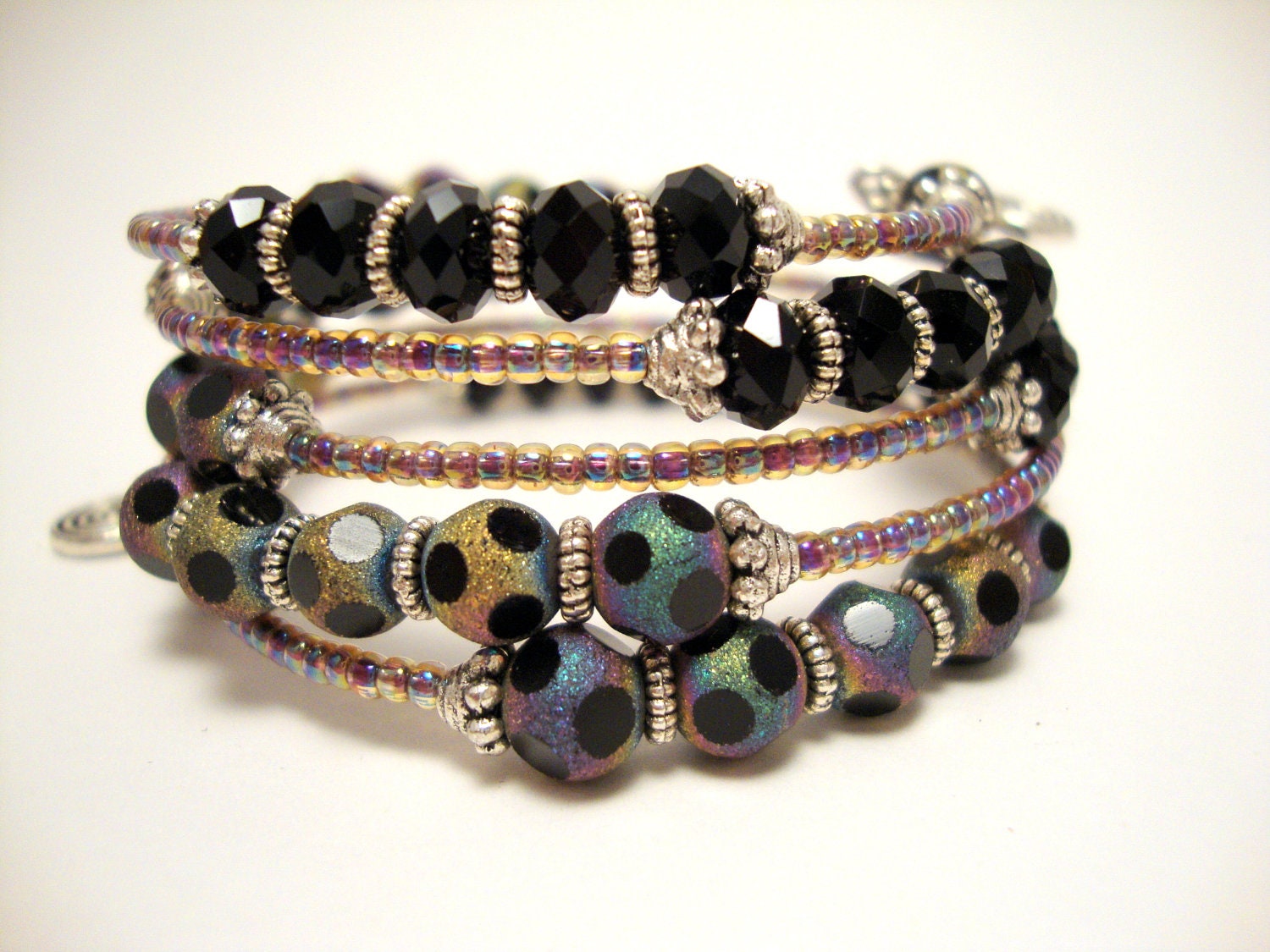 Multi-Color Memory Wire Bracelet, Polka Dot Beaded Bracelet, Black Crystal Beaded Bracelet