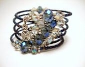 Blue Crystal Memory Wire Bracelet, Blue and Clear Crystal Beads, Silver Wire Wrap Bracelet