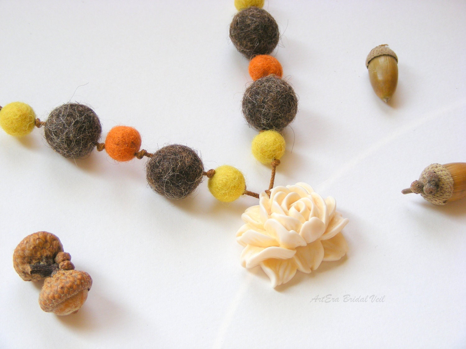 ORGANIC wool jewelry, necklace handcrafted beads, felted wool,resin rose, autumn