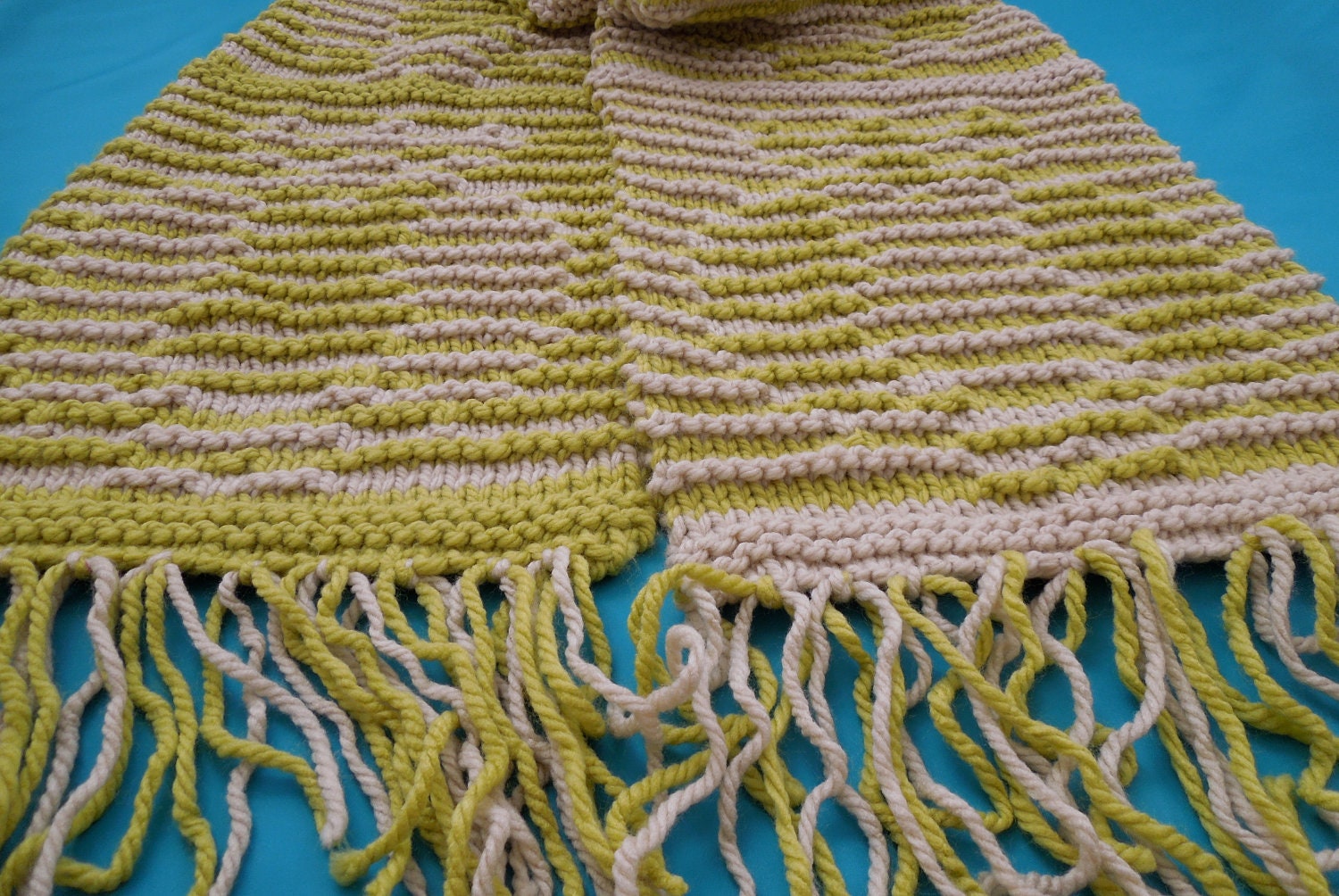oversized optical illusion owl hand knit scarf in lime & linen
