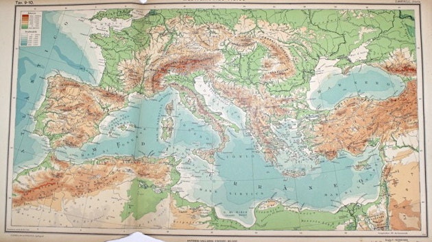 1928 Vintage Italian Language Color Map from Italy- 2 Sided Map of the Mediterranean and Europe- Atlas of Geography