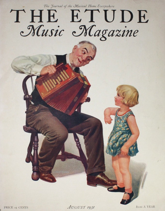Vintage Magazine Cover Illustration / 1931 Etude / Grandpa Playing Accordion / Music Art / Wall Art / Art Print / Home Decor