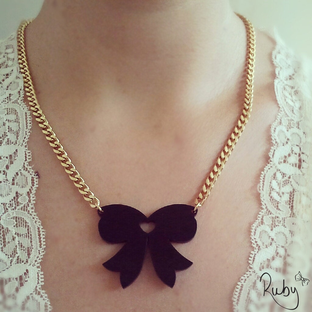 Big bow laser cut acrylic necklace - 24k gold plated chain