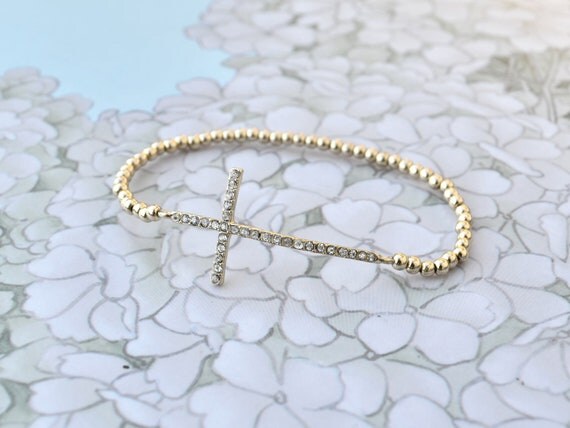 Rhinestone Sideways Cross Bracelet Metallic Gold