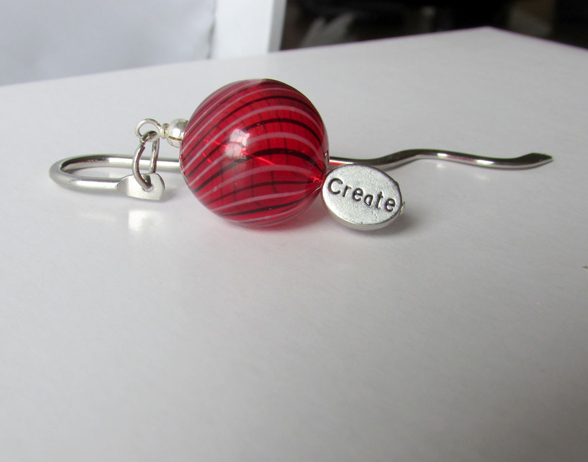 Red Glass Swirl Bookmark, Swirl Bead Bookmark, Squiggly Silver Bookmark, Create Charm Bookmark