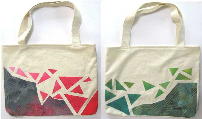 Large Graffiti and Triangles Hand Painted Tote Bag, Eco Friendly Reusable Shopping / Grocery / Geometry Olive Green Teal Red Pink Gray Black