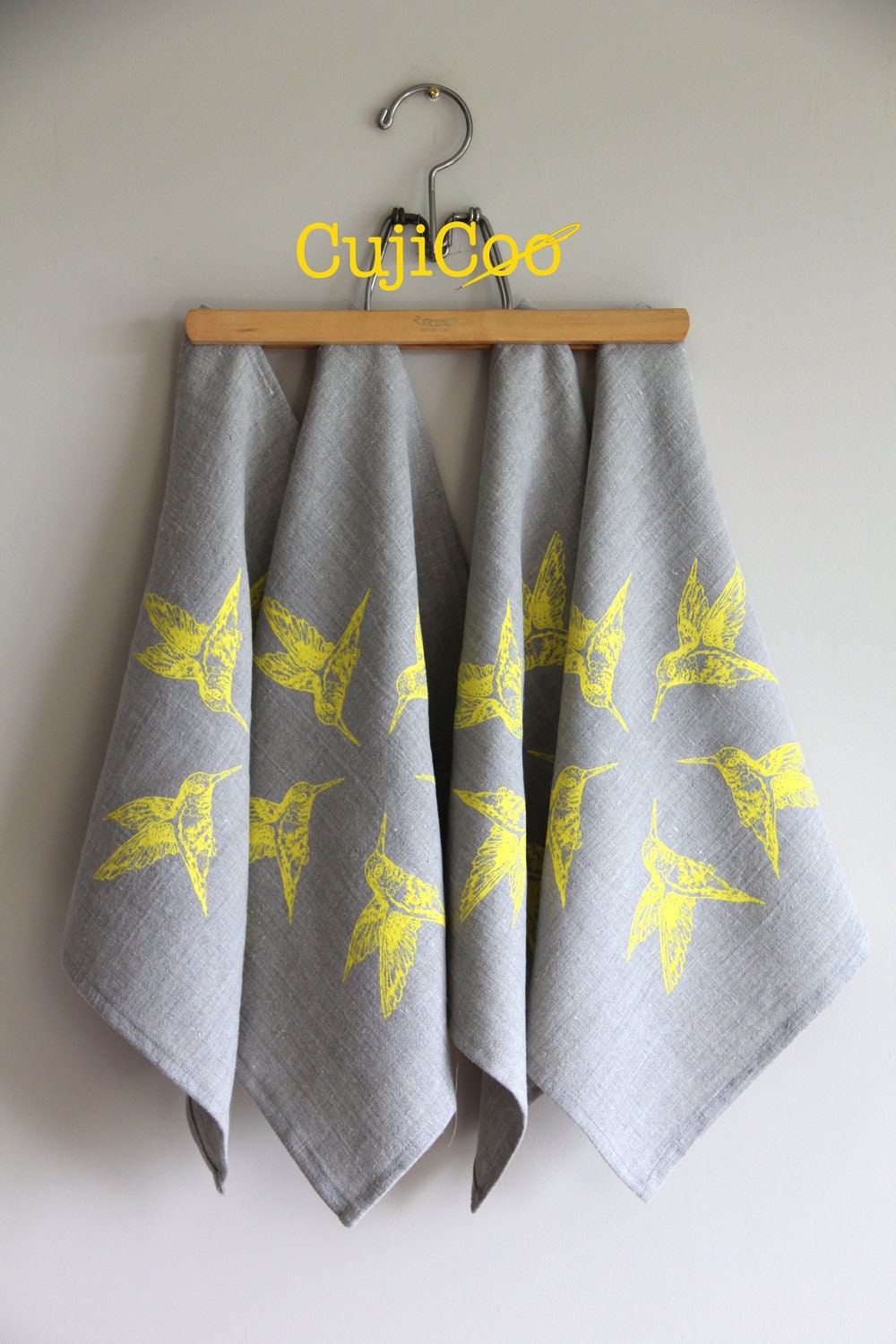 ON SALE Linen Napkins Screen printed with yellow hummingbirds on 100% natural color linen set of four
