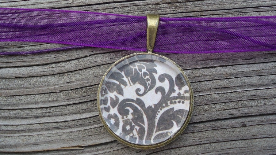 Black Swirls,  Vintage Inspired, Glass Pendant, Gift for her