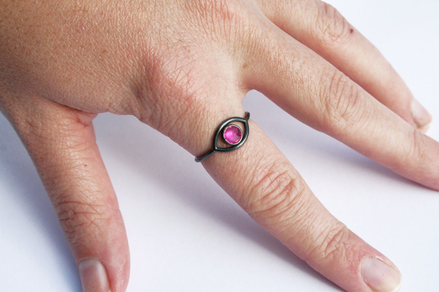 Evil Eye Ring w/ Ruby, Oxidized Sterling Silver Goth Ring, Black, Pink, Ruby Spike Ring, Bezel Set Upside Down Ruby
