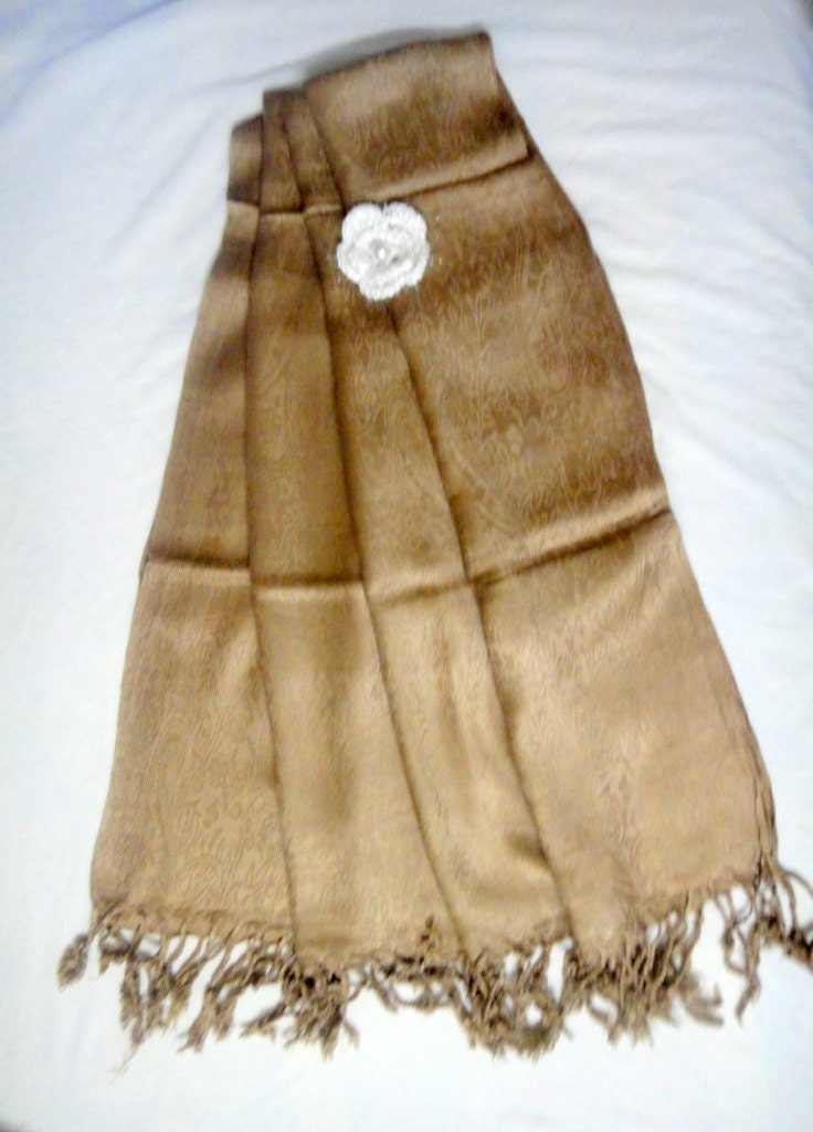 PASHMINA CAMEL GOLD  Color  Shawl /  Fashion Scarf / Bridal Shawl./Crochet  Brooch .