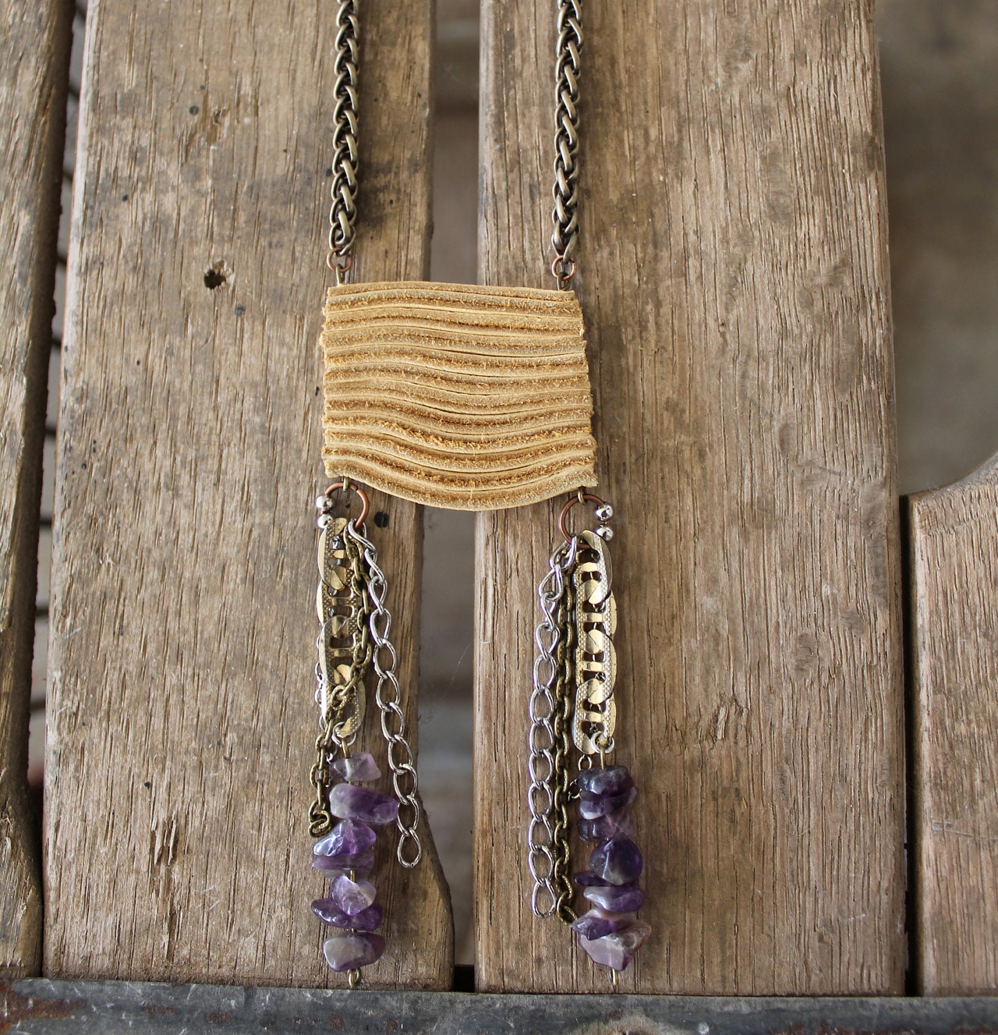 Tan Leather with Amethyst Stones chain fringe Necklace