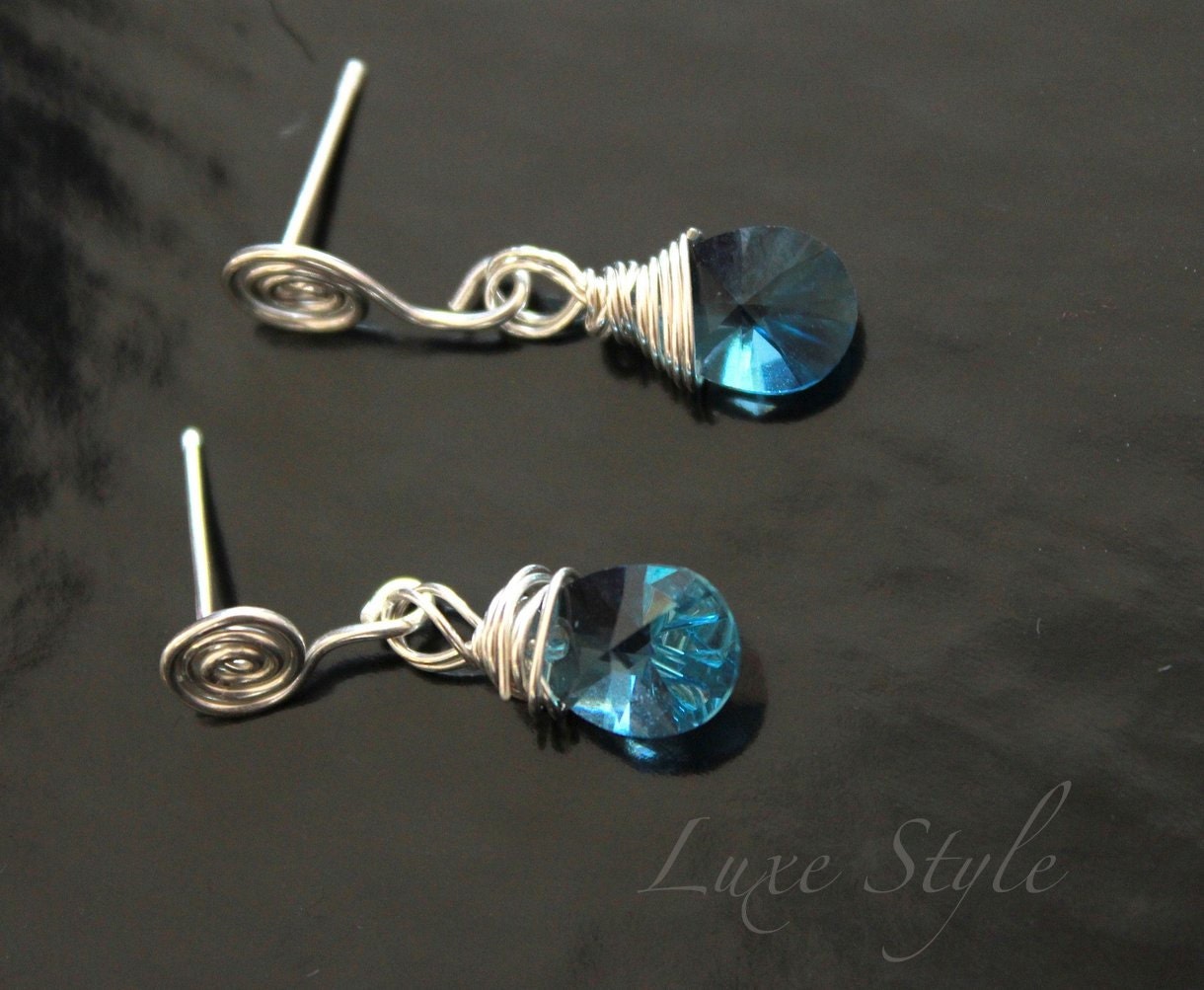 Silver Post Earrings ,Swarovski Aqua Blue Crystal drops, Metal Wire Jewelry Handmade Contemporary Modern Luxe Style