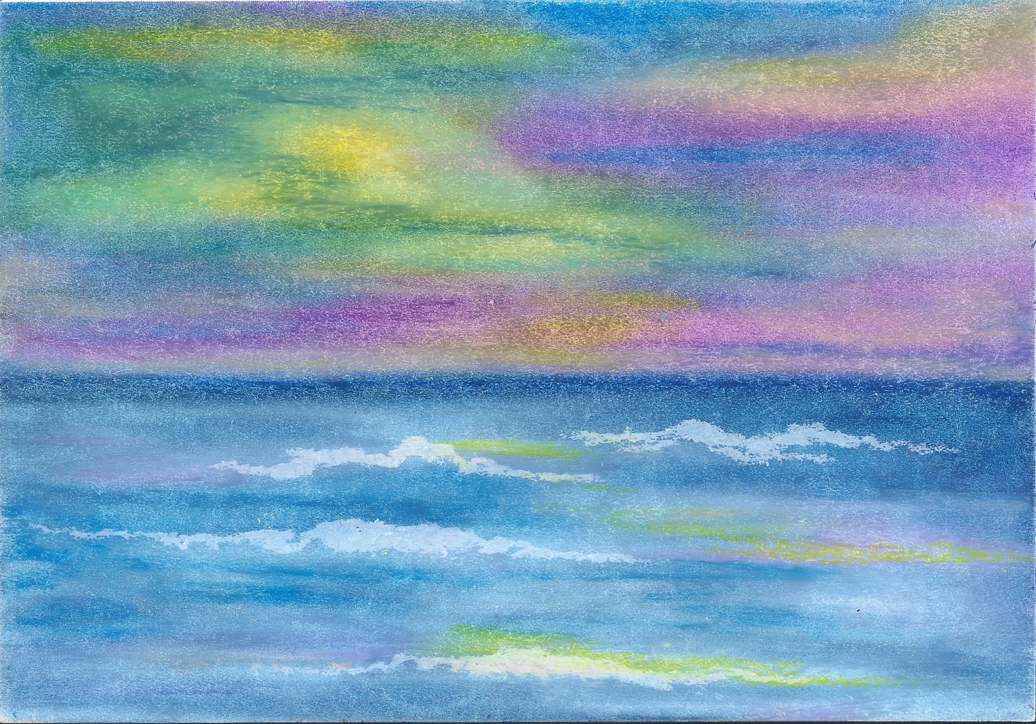 Original Drawing Doodle, Art, Oil Pastel on Mixed Media Art Paper, Sea Landscape Drawing