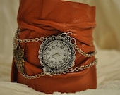 Leather Cuff With Watch / Women Handmade Camel Leather Wrist Bracelet With Metal Accessories and Watch / Clock by HocusPocusStudio