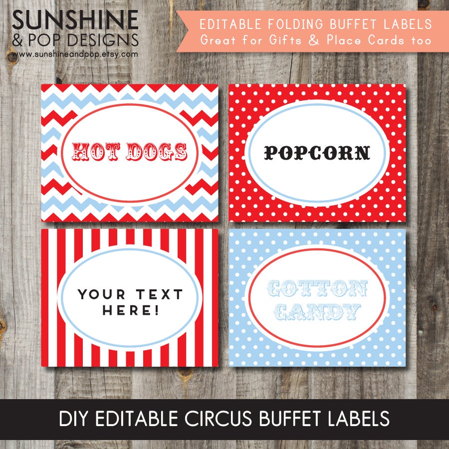 INSTANT DOWNLOAD - EDITABLE Circus Folding Buffet Labels, Food Tags, Vintage Place Cards - Diy Custom Pdf Il_570xn