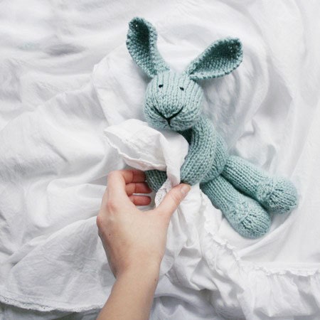 LiLi LOVE handmade knitted plush bunny toy from beautiful light blue wool blend yarn