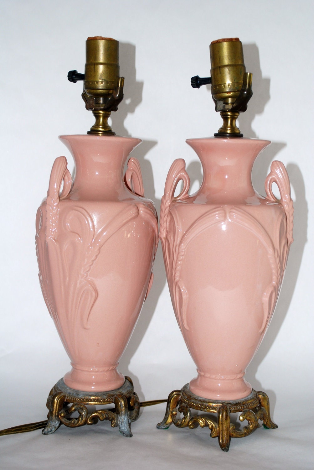 Pink Art Deco Lamp with Ornate Gold Base - PAIR