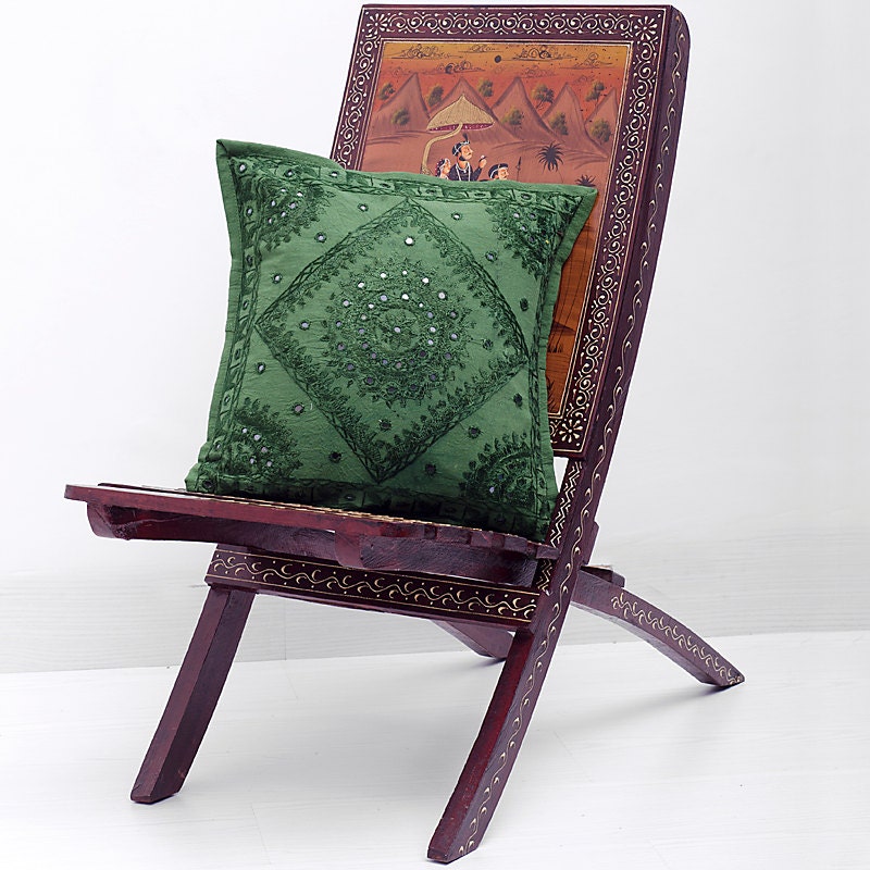 Green Throw Pillow Handmade Indian Mirror Work by CraftAuraHome