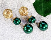 Vintage LONG Dangle Earrings, Emerald Green Imitation Pearl Beads, Gold Tone Filigree, Pierced, 1960s Mad Men Statement Jewelry