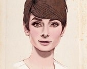 AUDREY HEPBURN Portrait Poster Print - Fashion Illustration - Original Pencil Drawing - 1960s Fashion - Blush - Beige - Pale - Pastel