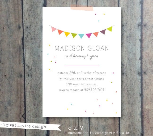 Birthday Party Invitation - rainbow bunting theme party - boy girl party invitation - kids child's birthday invitation
