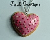 Handmade Pink Iced Sugar Cookie Heart Necklace Pendant (Polymer clay, Fimo, Dessert, Food, Biscuits)