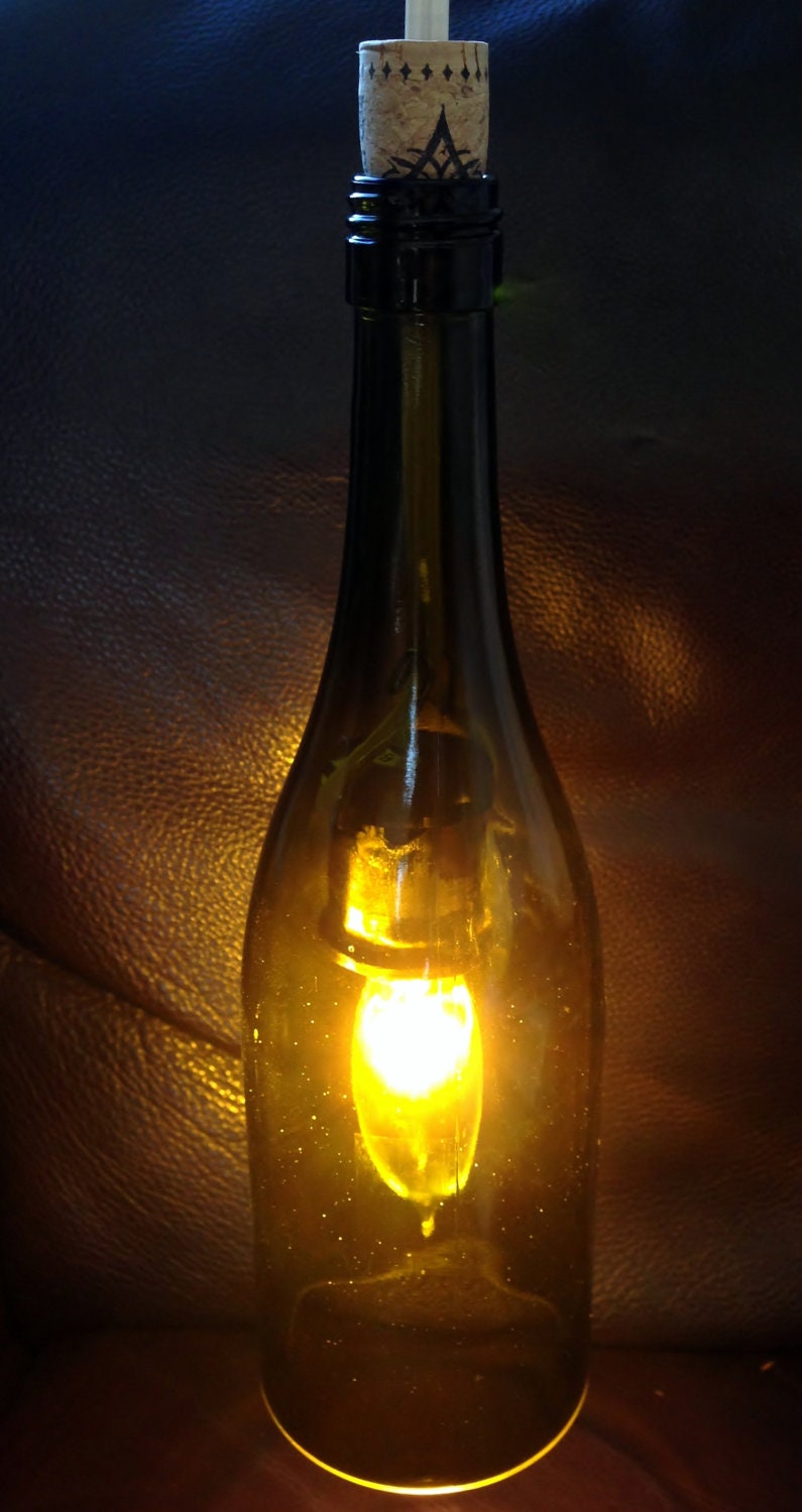 Upcycled Amber-Green Wine Bottle Hanging Lamp, Repurposed Lighting