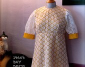 1960s Style Empire Line Dress/ Short Puff Sleeves/White Lace/Yellow Cotton/ Size 10/ Small/ Vintage style Dress