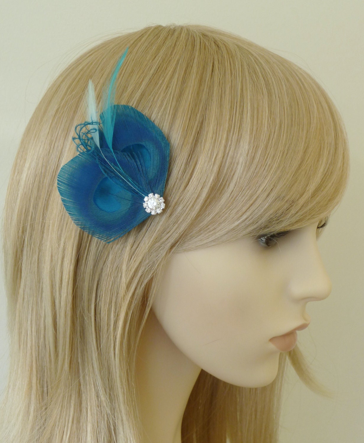 Turquoise Blue Peacock Feather Hair Clip Bridesmaid Hair Accessory Fascinator Crystal Wedding Bridal Something Blue 'Amelia'