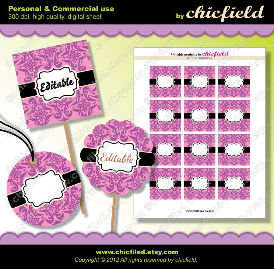 Printable Party Favor Tag Cupcake Topper Sticker 2" Editable JPG Word Damask Pink Purple Elegant images 8,5 x 11" Collage Sheet cf00006-10