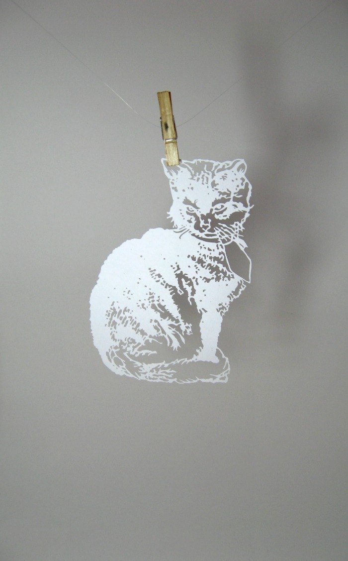 Cat in a Fancy Necktie Hand Cut Paper-cut Scherenschnitte in White MADE TO ORDER
