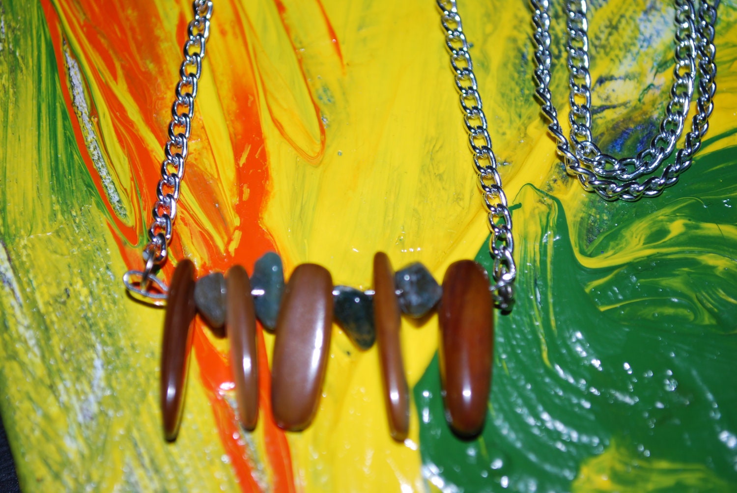 LINEAR Design Necklace, Shell, Stone Beads, Brown Green, Bohemian, Tribal, Handmade