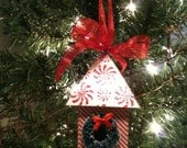 Unique Handmade Wooden Birdhouse Ornament, Decoration for Christmas w Candies, Stripes, Wreath n Red Satin Bow - SWEET GiFT (BH112)