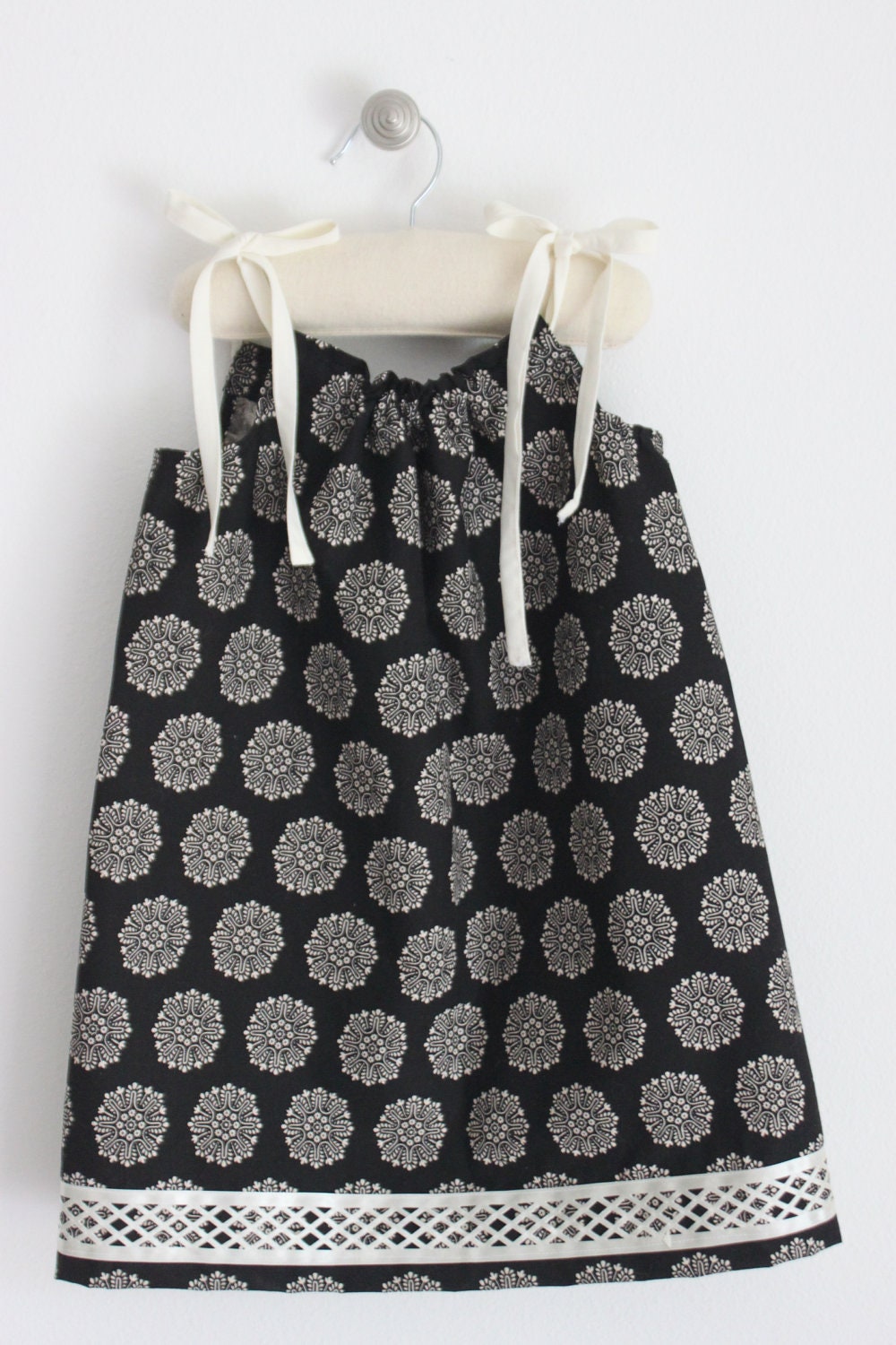 Girls dress, Black and tan pillowcase dress with two shoulder ties, handmade childrens clothing