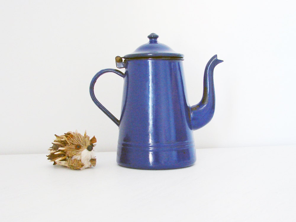 Vintage enamel blue coffee or tea pot. Due Leoni Bassano.