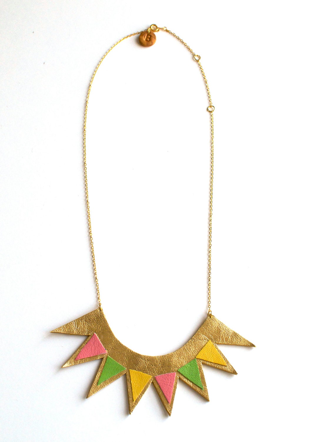 Handmade leather geometric bib necklace with spikes in gold, baby pink, pastel green & light yellow  / N10